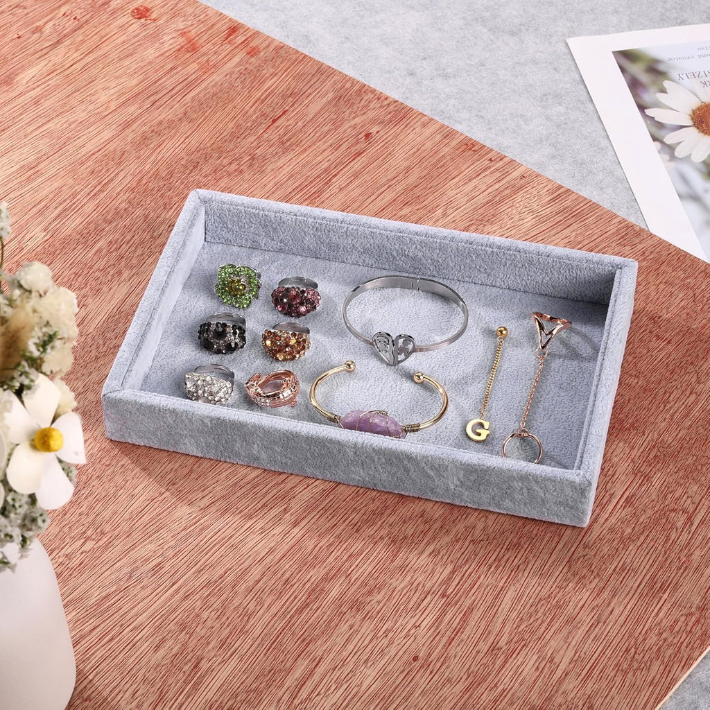 Mornajina 9" x 5.7" Velvet Jewelry Tray Jewelry Display Tray, Stackable Empty Plate Trays for Earrings Necklaces Bracelet Rings Display Showcase - Grey