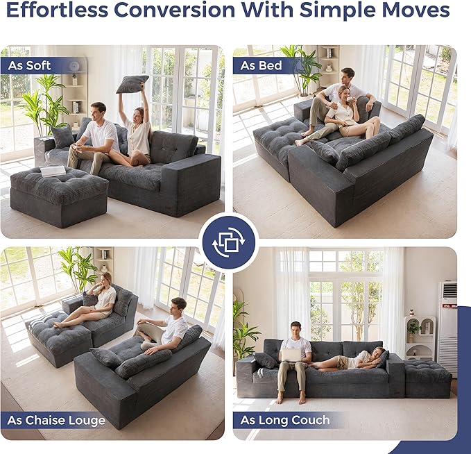 MAXYOYO 104" L Shaped Modular Sectional Sofa with Ottoman, Cloud Boneless Couch with Layered Cushion, Upholstered Sofa in a Box, Flexible Module Combination for Living Room, No Assembly, Dark Grey