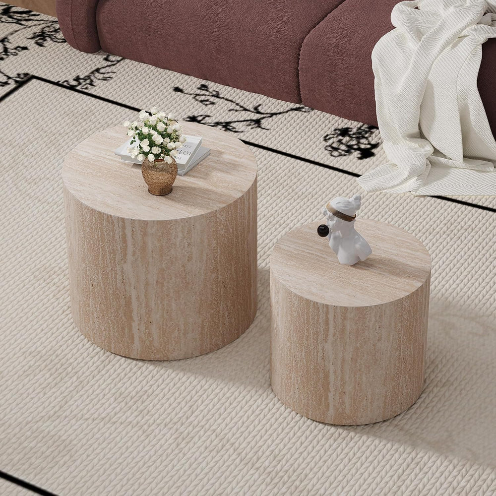 WXFKLDJ Round Nesting Coffee Table Set of 2, Wood Side Table, Travertine | Mo...