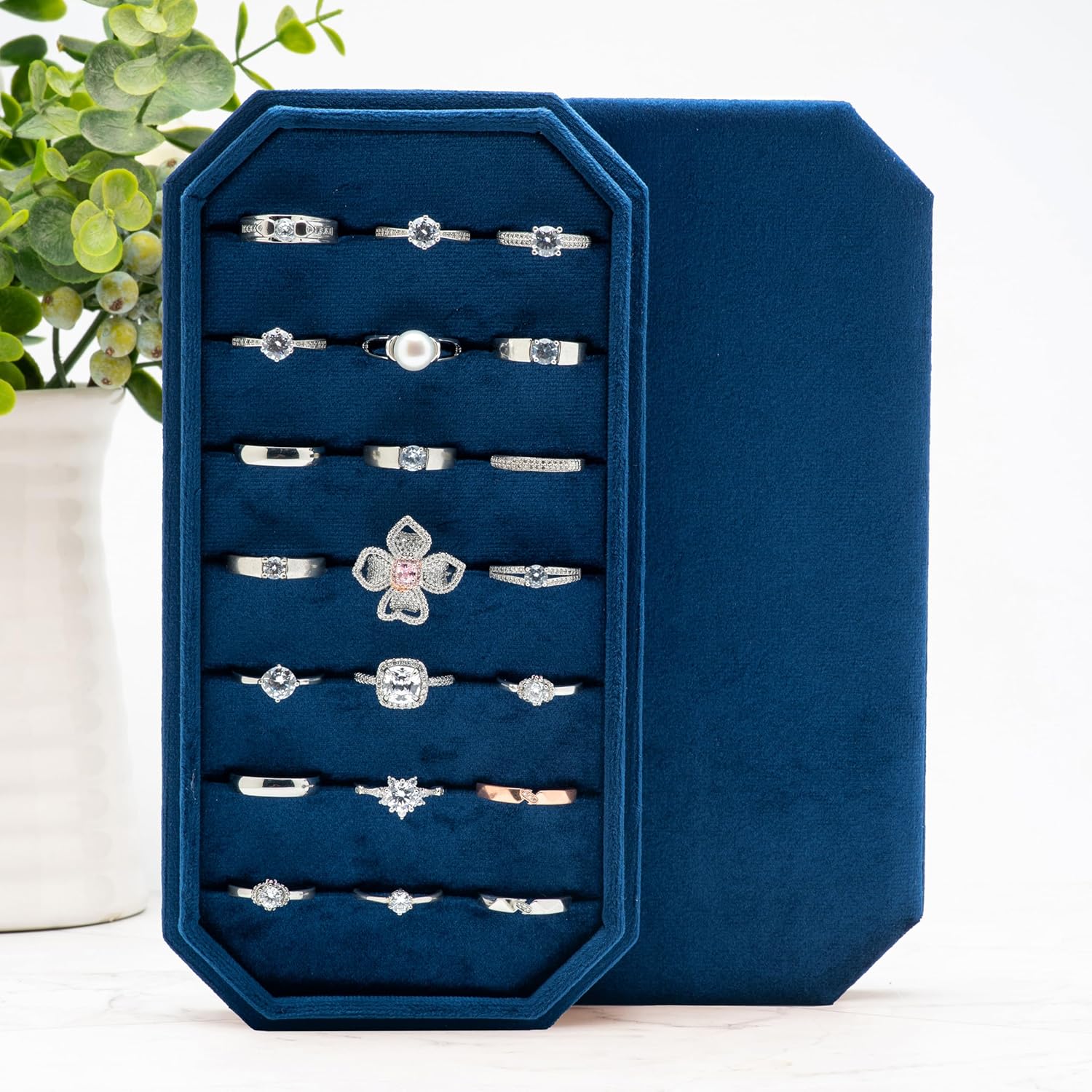 Velvet Ring Organizer Display Tray Jewelry Box Earring Holder Case for Wedding Birthday Christmas Day (Dark Blue)