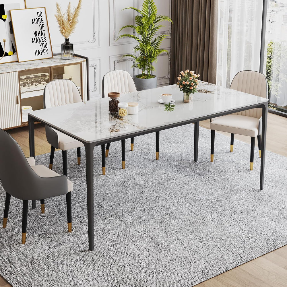 63" Dining Table with Laminate Marble Sintered Stone White Tabletop and ...