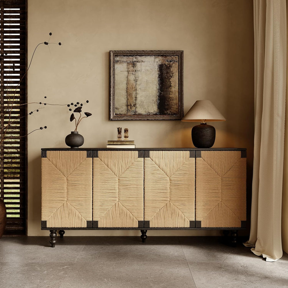 Handwoven Seagrass Doors Sideboard, 59 Inch Boho TV Stand Media Console Buffe...
