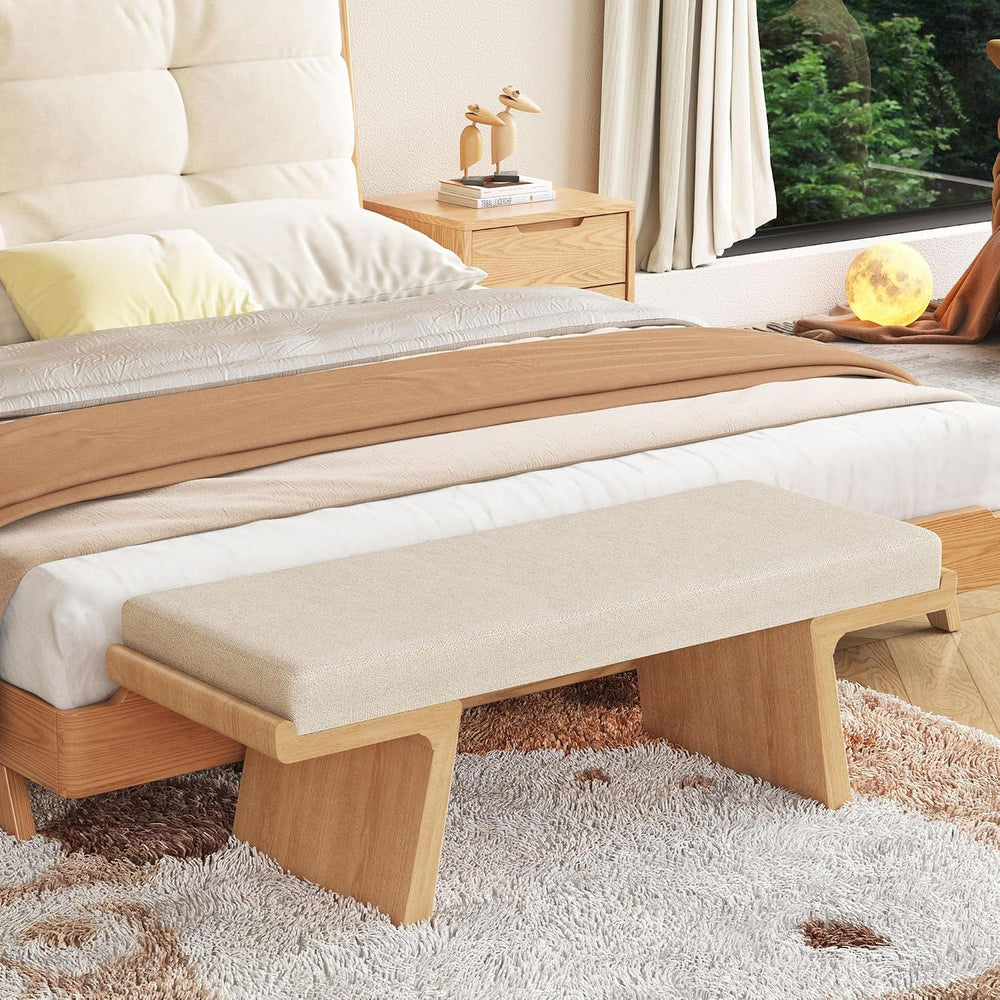 47.2" Natural Wood Bedroom Bench, Upholstered Entryway Bench, Modern End...