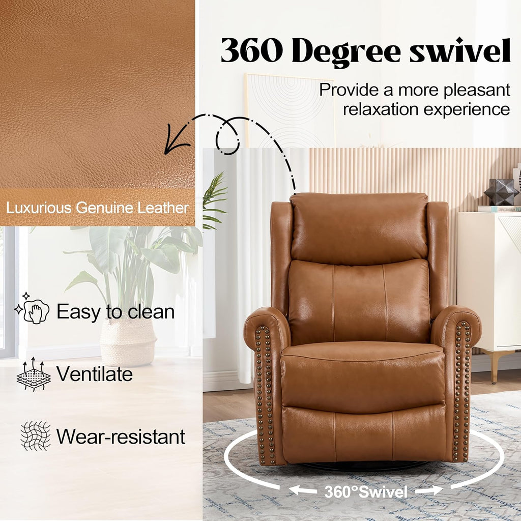 Genuine Leather Recliner Chair for Adults, Manual Swivel Rocker Glider Rocking Chair with Vibration Massage Lumbar Heat for Nursery, Rivet Design Single Sofa Chair for Living Room - Caramel Brown