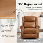Genuine Leather Recliner Chair for Adults, Manual Swivel Rocker Glider Rocking Chair with Vibration Massage Lumbar Heat for Nursery, Rivet Design Single Sofa Chair for Living Room - Caramel Brown