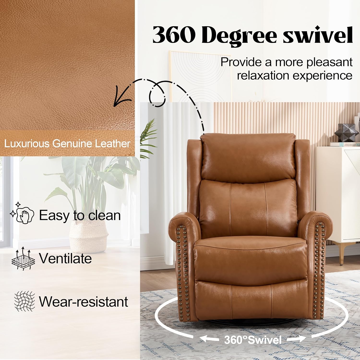 Genuine Leather Recliner Chair for Adults, Manual Swivel Rocker Glider Rocking Chair with Vibration Massage Lumbar Heat for Nursery, Rivet Design Single Sofa Chair for Living Room - Caramel Brown