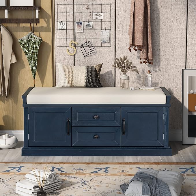 42″ Storage Bench with 2 Drawers and 2 Cabinets，Multipurpose Entryway Shoe Rack W/Removable Cushion，for Living Room Hallway Porch,Antique Navy
