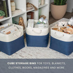 OrganiHaus 13x13 Cube Storage Bins 4 Pack, Foldable Cube Storage Organizer w/ Rope Handles, Collapsible Fabric Bins for Toys, Clothes & Closet Organization, Fabric Square Baskets - Navy Blue