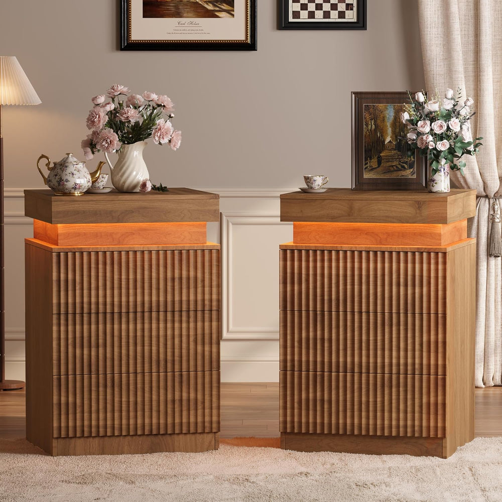 Nightstand Set of 2 for Bedroom, LED Nightstand with 3 Drawers and Charging S...