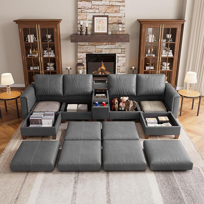 SITJOY 132" Faux Leather Modular Sectional Sofa with Storage, Mid Century Modern Sectional Couches for Living Room, 6 Seat U Shaped Couch with Chaise and Console Table, Hidden Cupholders, Gray
