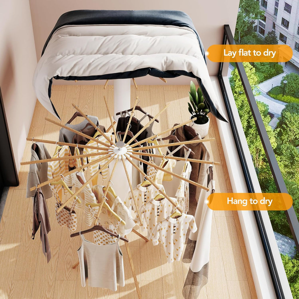 LIENAHU Clothes Drying Rack Tripod,Drying Rack Clothing,Laundry Drying Rack,Floor Standing,16 Wooden Poles,Collapsible Drying Racks for Laundry,Retractable,Foldable,Folding