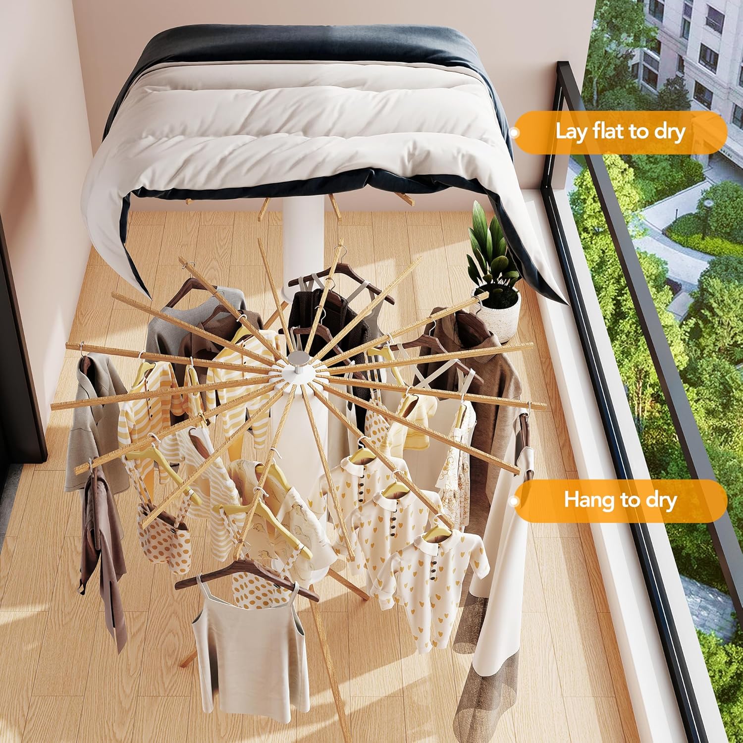 LIENAHU Clothes Drying Rack Tripod,Drying Rack Clothing,Laundry Drying Rack,Floor Standing,16 Wooden Poles,Collapsible Drying Racks for Laundry,Retractable,Foldable,Folding