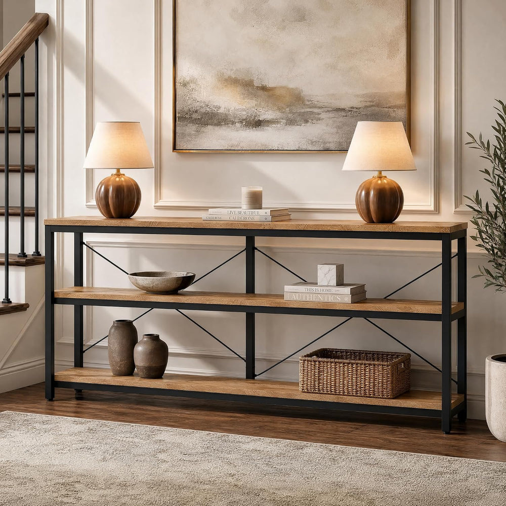 Tribesigns 70.9-Inch Console Table, 3-Tier Industrial Sofa Table with Metal F...