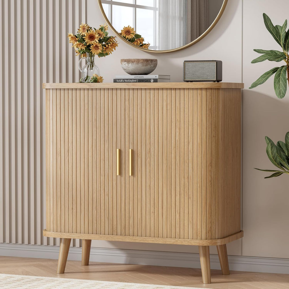 BORNOON Buffet Cabinet with Storage, Curved-Edge Fluted Storage Cabinet Sideb...