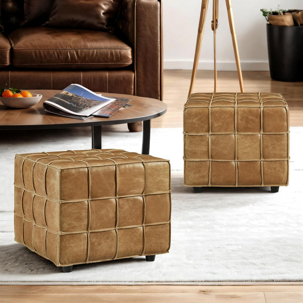 Art Leon Tufted Square Ottoman Leather Footstool Foot Rest Light Brown | Bisc...