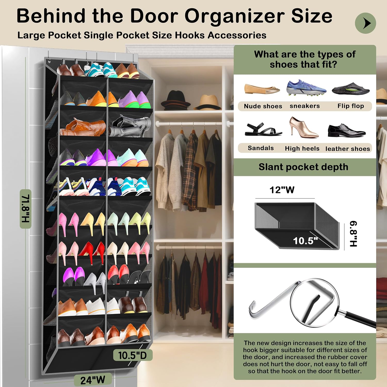 Kotkn 10-Tier Over the Door Shoe Organizer, 20 Pockets Holds 20-30 Pairs, Heavy-Duty Oxford Fabric with Hexagon Mesh for Boots & Sneakers-Black