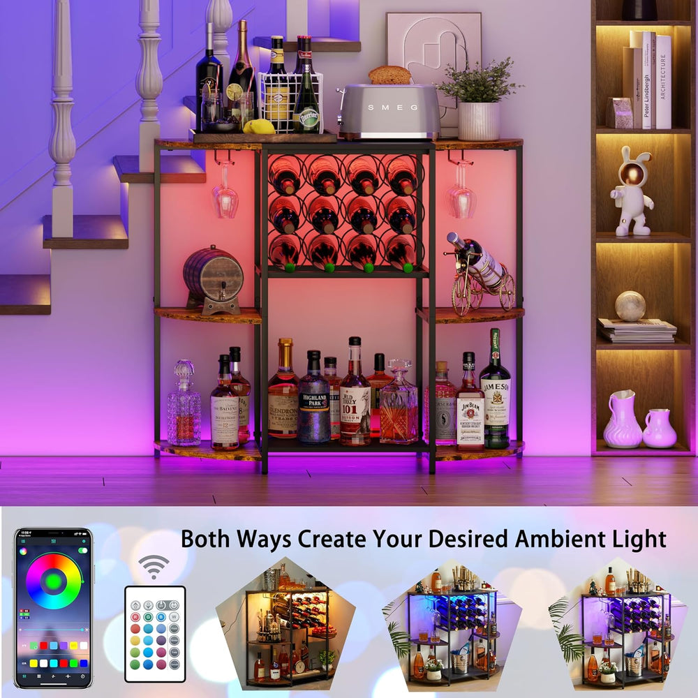 JKsmart Wine Bar Cart with LED Lights, Mini Wine Rack with Storage and Glass ...