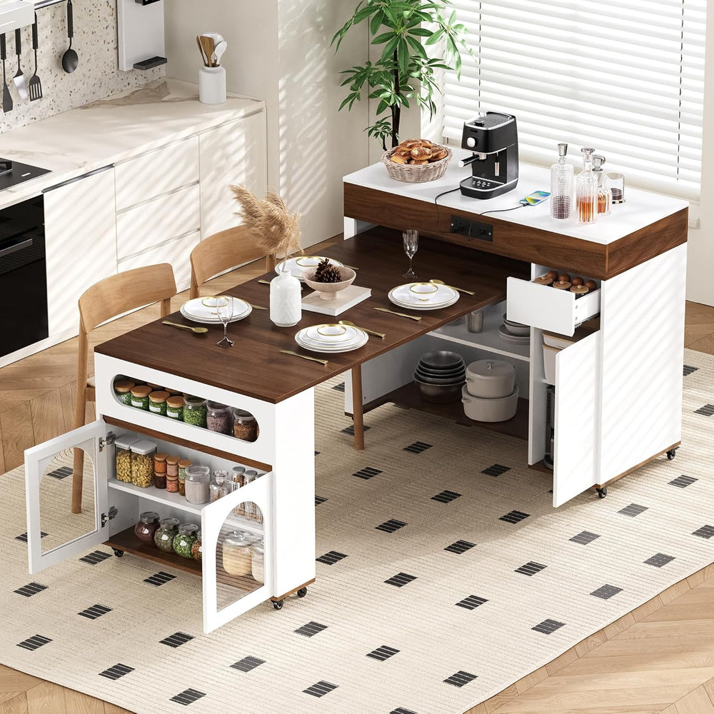 Extendable Dining Table with Extra-Long Folding Top, Rolling Kitchen Island w...