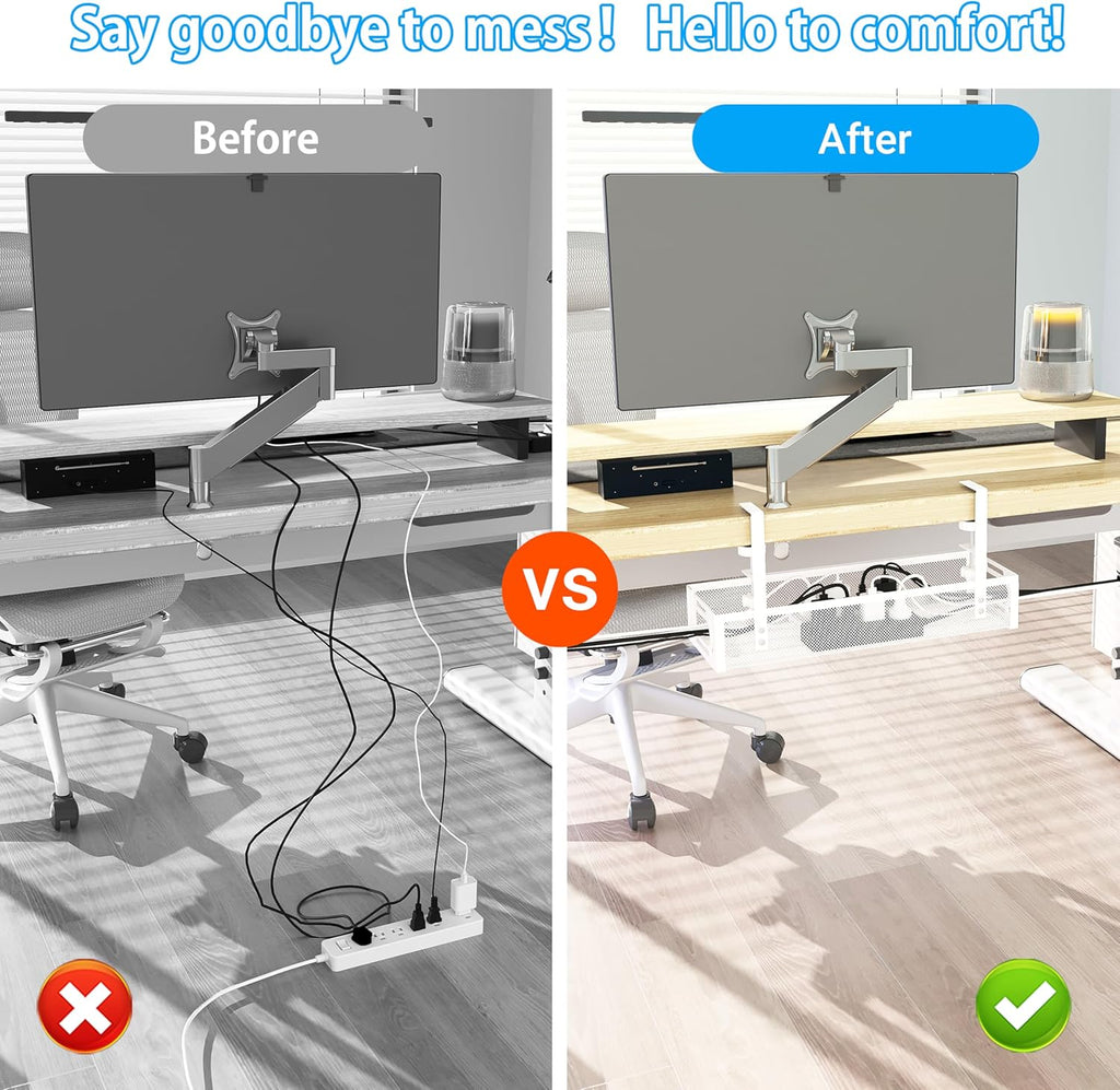 No Drill Under Desk Cable Management Tray, SONATURE 15.7" Cord Organizer for Table, Clamp Mount Desk Cable Management, Premium Carbon Steel Cable Organizer for Office, Home (White)
