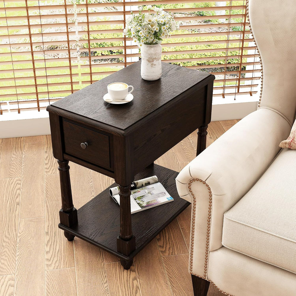 Set of 2 Narrow Open End Table with Drawer, Solid Wood Side Table 2-Tier Skin...