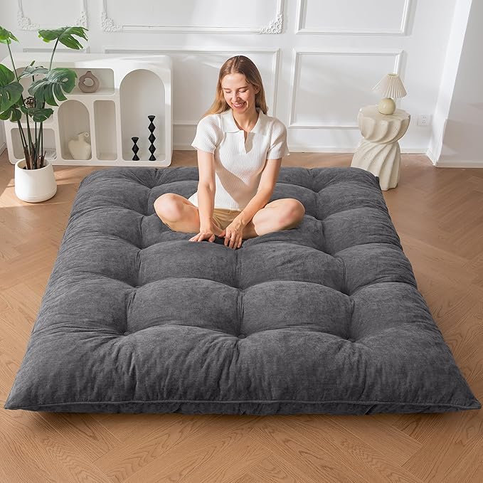 MAXYOYO Japanese Floor Mattress Full Size, 6" Foldable Futon Mattress Tufted Roll Up Floor Bed, Thick Chenille Tatami Mat Sleeping Pad for Camping Guest Room Dormitory Bedroom RV, Dark Grey