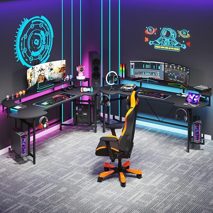 Tribesigns 75 Inch Gaming Desk with Monitor Shelf, Large PC Computer Desk with LED Lights, Gaming Table Gamer Desk for Bedroom, Home Office, Black