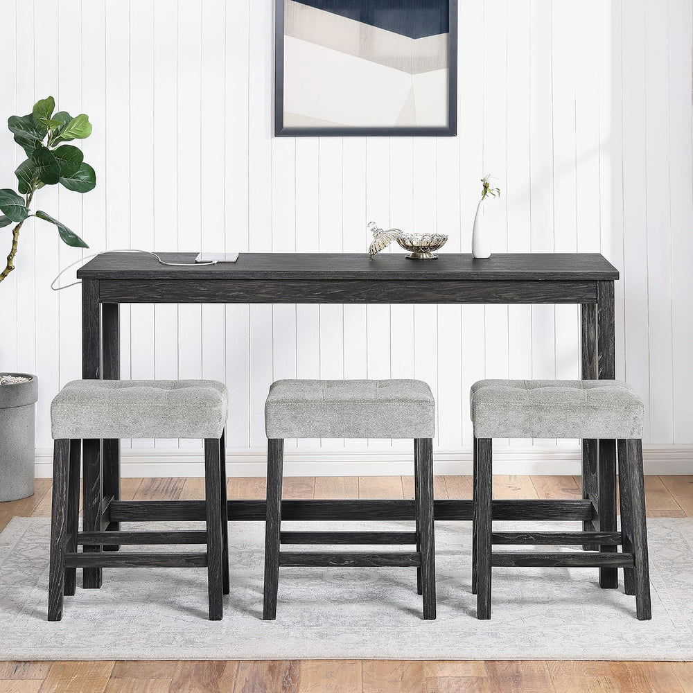 Bar Table Set with Power Outlet, 4 Piece Bar Table and Chairs Set, Industrial...