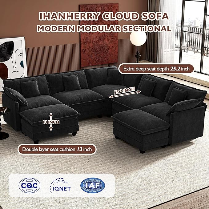 Ihanherry 114" V-Shaped Modern Sofa Modular Sectional Cloud Couch with 2 Ottoman, 7-Seat Chenille Deep Seat Sofa with Corner Section for Living Room, Bedroom and Apartment, Black