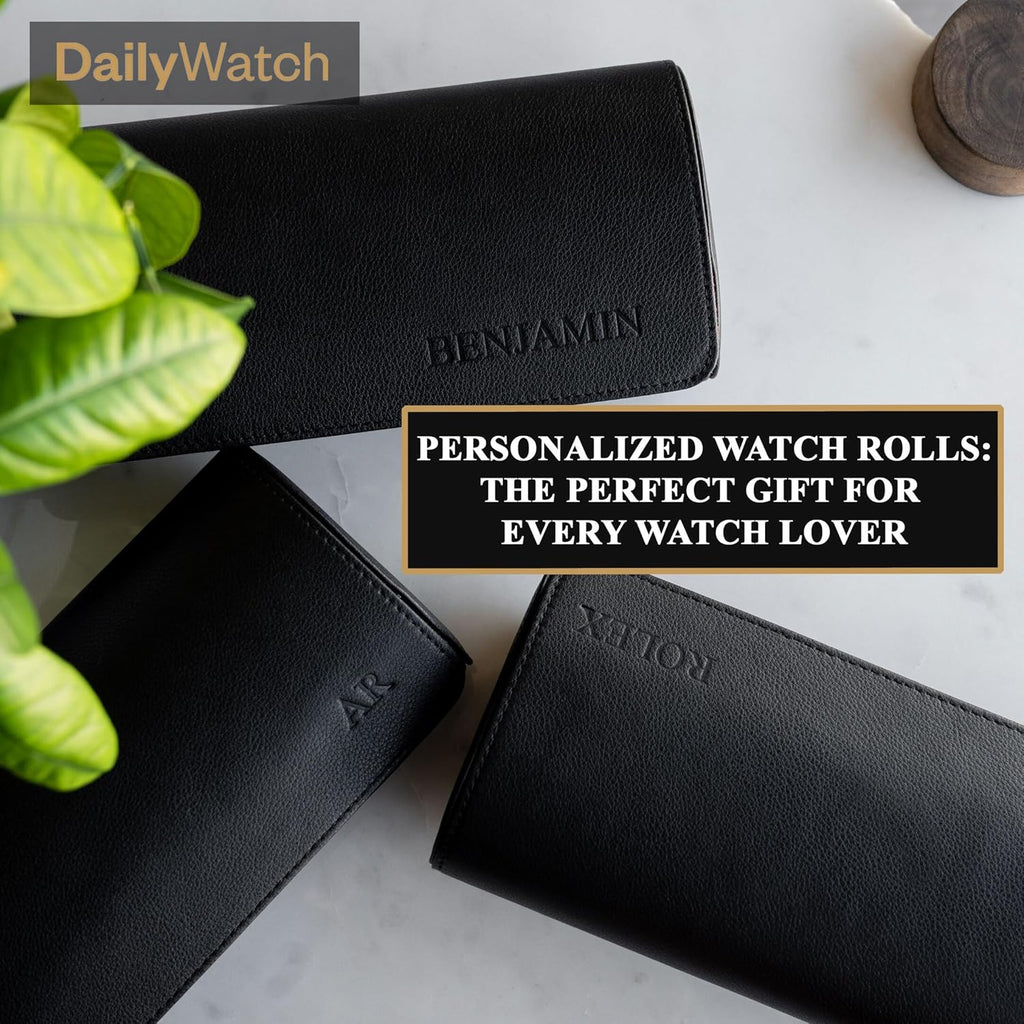 DailyWatch | Personalized Watch Roll Travel Case For 4 Watches - Handmade Genuine Leather Travel Case With Custom Engraving of Name or Initials - Black Orange