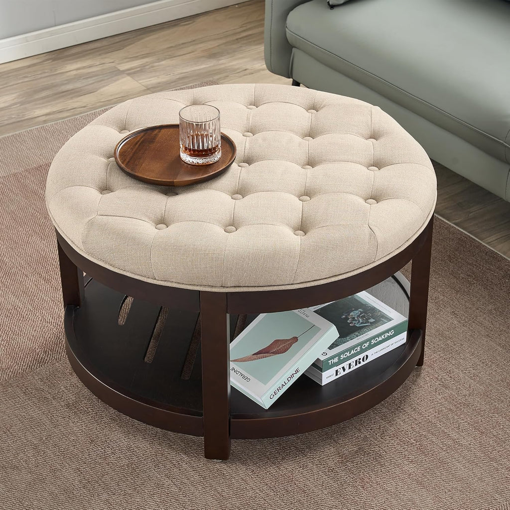 adochr Round Coffee Tables for Living Room,33’’ Storage Ottoman with Wooden Tray, Upholstered Ottoman Footrest, Light Brown