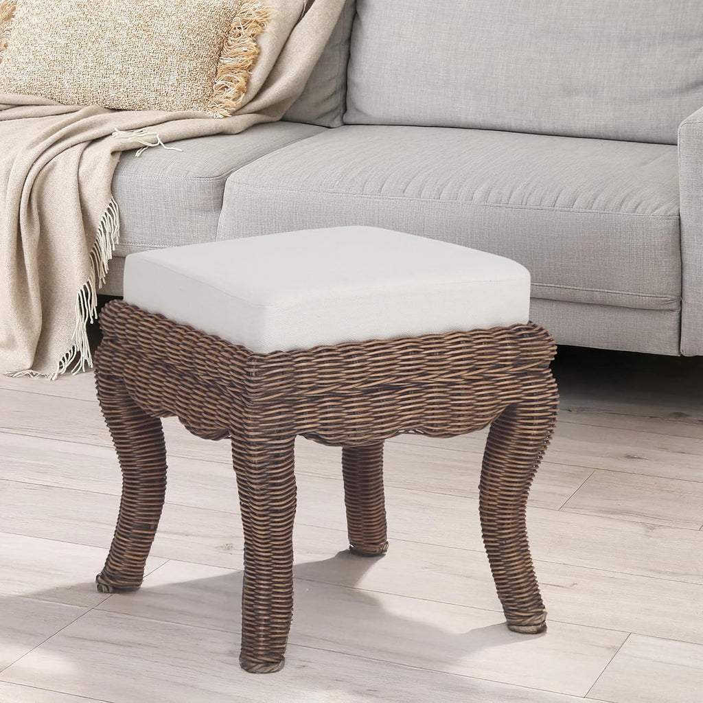 JONATHAN Y Rowan 19.7" Coastal Woven Rattan Vanity Stool, Black Wash | Bohemian Art Deco Accent, White Padded Upholstered Seat, Solid Mango Wood Base, Supports Up To 225 Pounds