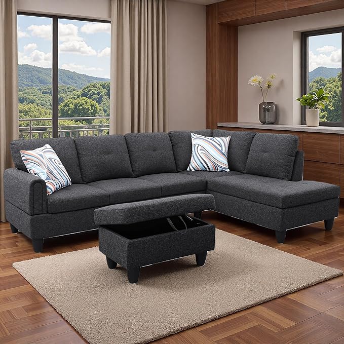 Sectional Couches for Living Room with Movable Chaise & Storage Ottoman - 97.5" Linen L Shaped Couches for Living Room Apartment, 4 Seat Home Furniture Modular Sectional Sofas, Black Grey