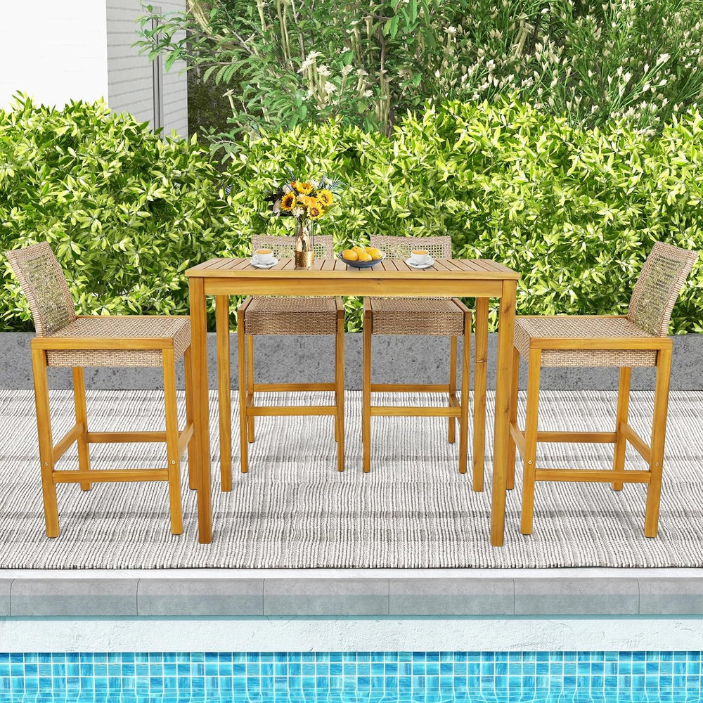 Tangkula Patio Wood Barstools Set of 2, PE Rattan Bar Height Chairs with Back...