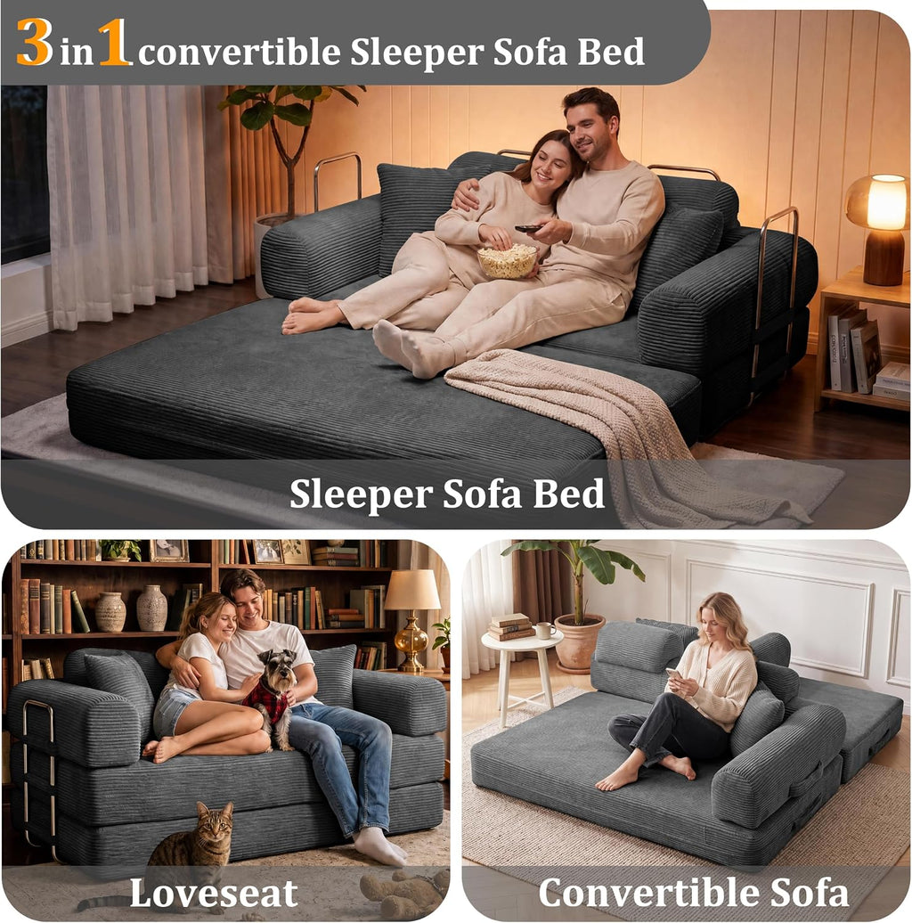 Convertible Sofa Bed with High Backrest Headrest Boneless Loveseat Sleeper Folding Couch Bed with 4 Pillows Futon Couch for Bedroom,Apartment Living Room, No Assembly (Pink, 59.0” Hight Backrest Sofa)