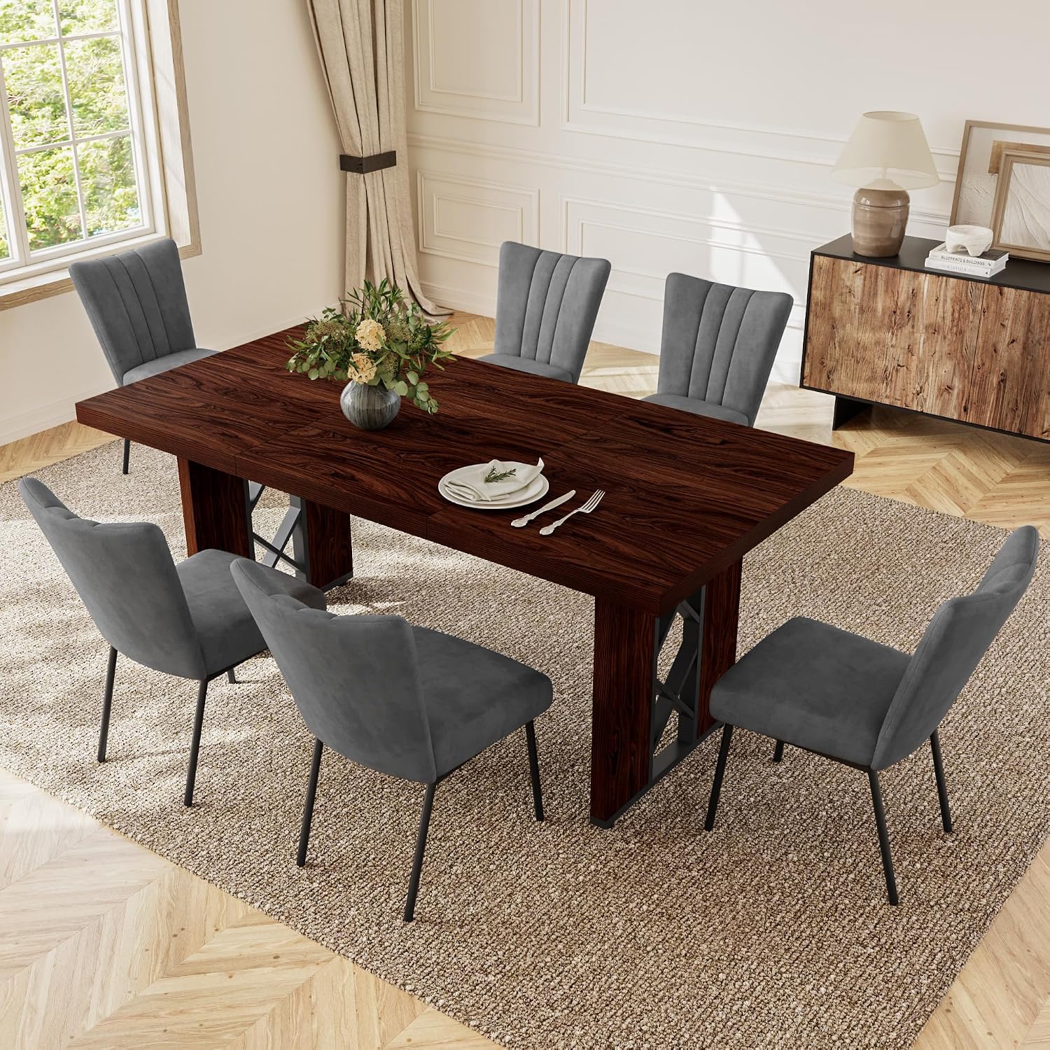 HIPIHOM 7-Piece Dining Table Set for 6, Walnut Table with 6 Grey Chairs | Thick MDF Tabletop, Rectangle Kitchen Table Set with Metal Legs for Breakfast Nook, Dining Room, Kitchen, Apartment