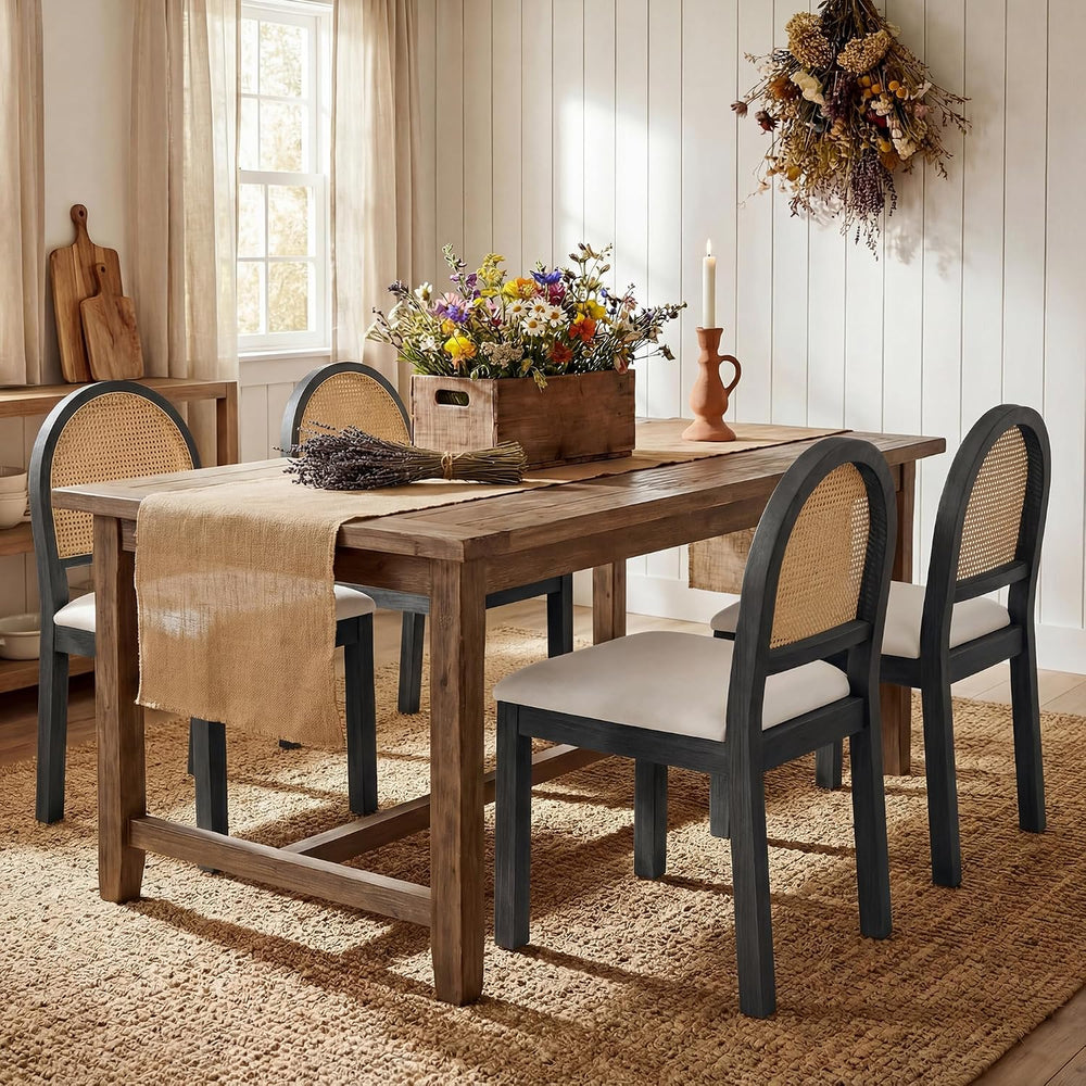 Upholstered Rattan Dining Chairs Set of 4, Farmhouse Wooden Kitchen Chairs