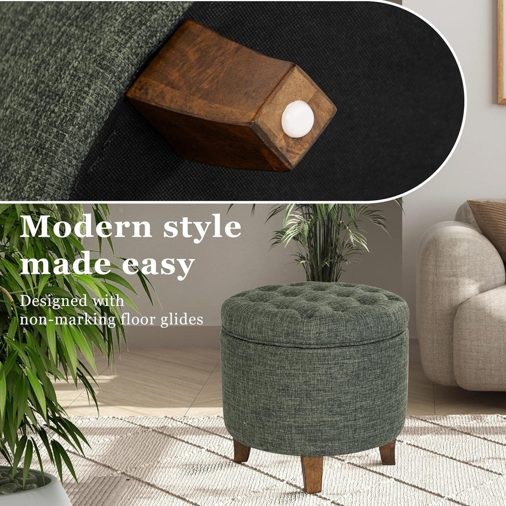HomePop 19" Button Tufted Round Storage Ottoman - Green Clover Fabric