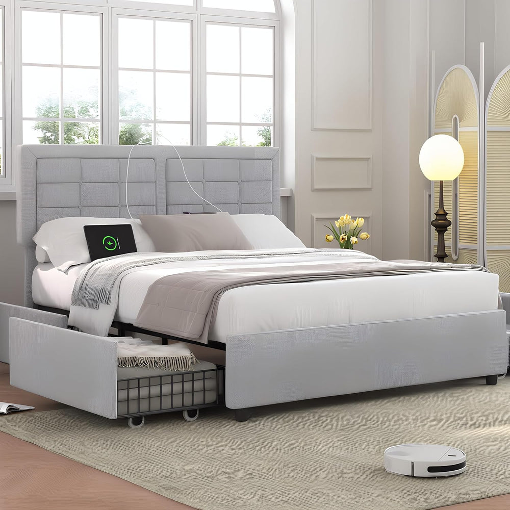 VECELO Full Size Bed Frame with 4 Drawers, Adjustable Tufted Button Headboard...