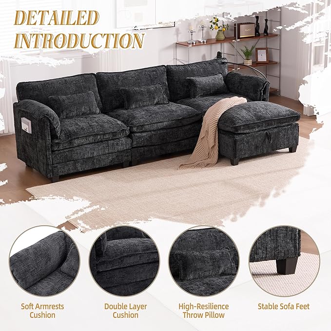 Ball & Cast Modular Sectional Sofa,Comfy Cloud Couch with Movable Storage Ottoman,L Shaped Sectional Sofa W/USB Charging Port,Phone Holder and Side Pocket,Chenille Fabric,for Living Room,Black,109"