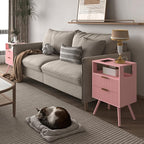 Pink Nightstand with Charging Station and LED Lights,Modern Bedside Table with 2 Storage Drawer and Open Wood Shelf, for Bedroom and Small Spaces,Night Stand with Solid Wood Legs,Pink