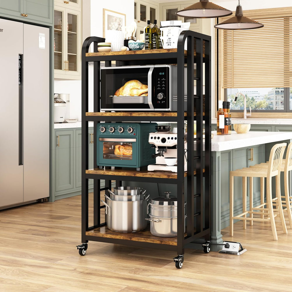 4-Tier Kitchen Bakers Rack with Power Outlet and Rolling Wheels, Microwave St...