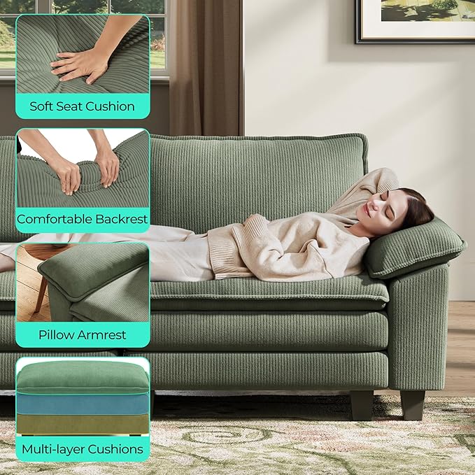 LINSY HOME 90'' Cloud Loveseat Sofa, Modular Sectional Couches Corduroy Cloud Couch Soft Modern Comfy Love Seat Sofa Set for Living Room Apartment Office, Green