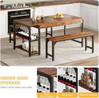 DWVO 3-Pieces Dining Room Table Set for 4 People 63" Large Dining Table with 2 Benches Rectangle Industrial Kitchen Table for 4 with Metal Frame & 2 Storage Shelves for Small Space Kitchen Brown