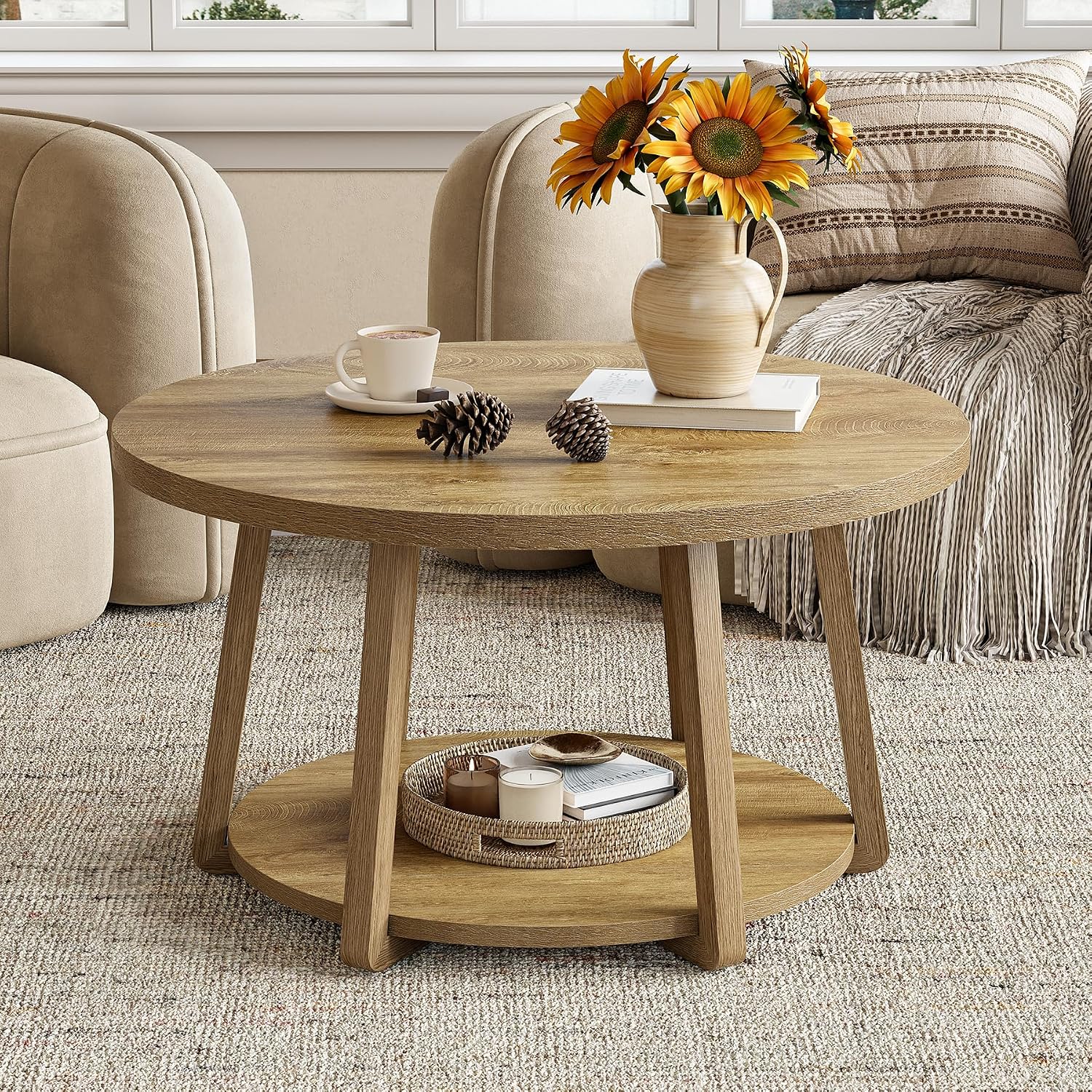 LITTLE TREE Round Coffee Table, 2-Tier Center Table with Storage | Wooden Legs, 31.5 Dia. x 19.6 H Inches, Easy Assembly, Circle Coffee Tables for Living Room, Bedroom