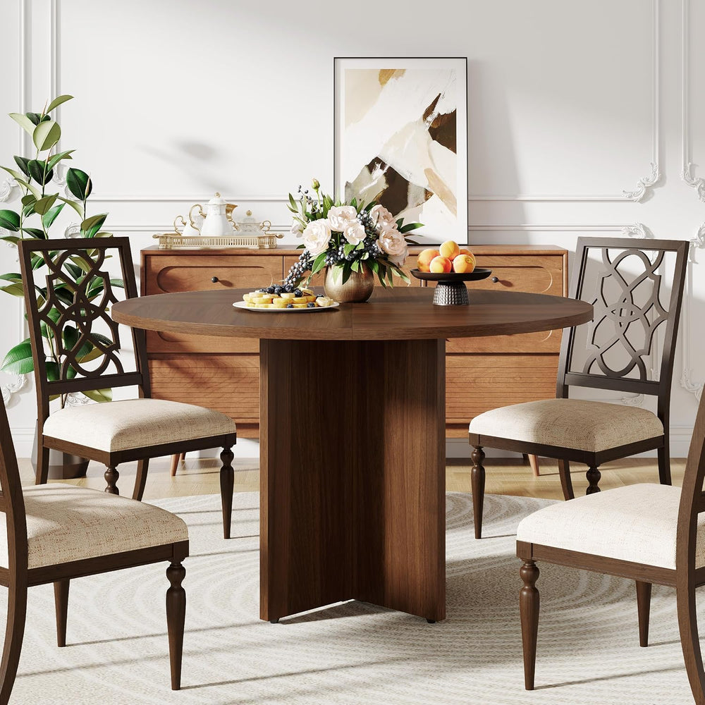 47 Inch Round Dining Table for 4-6 People, Rustic Circle Kitchen Table with X...
