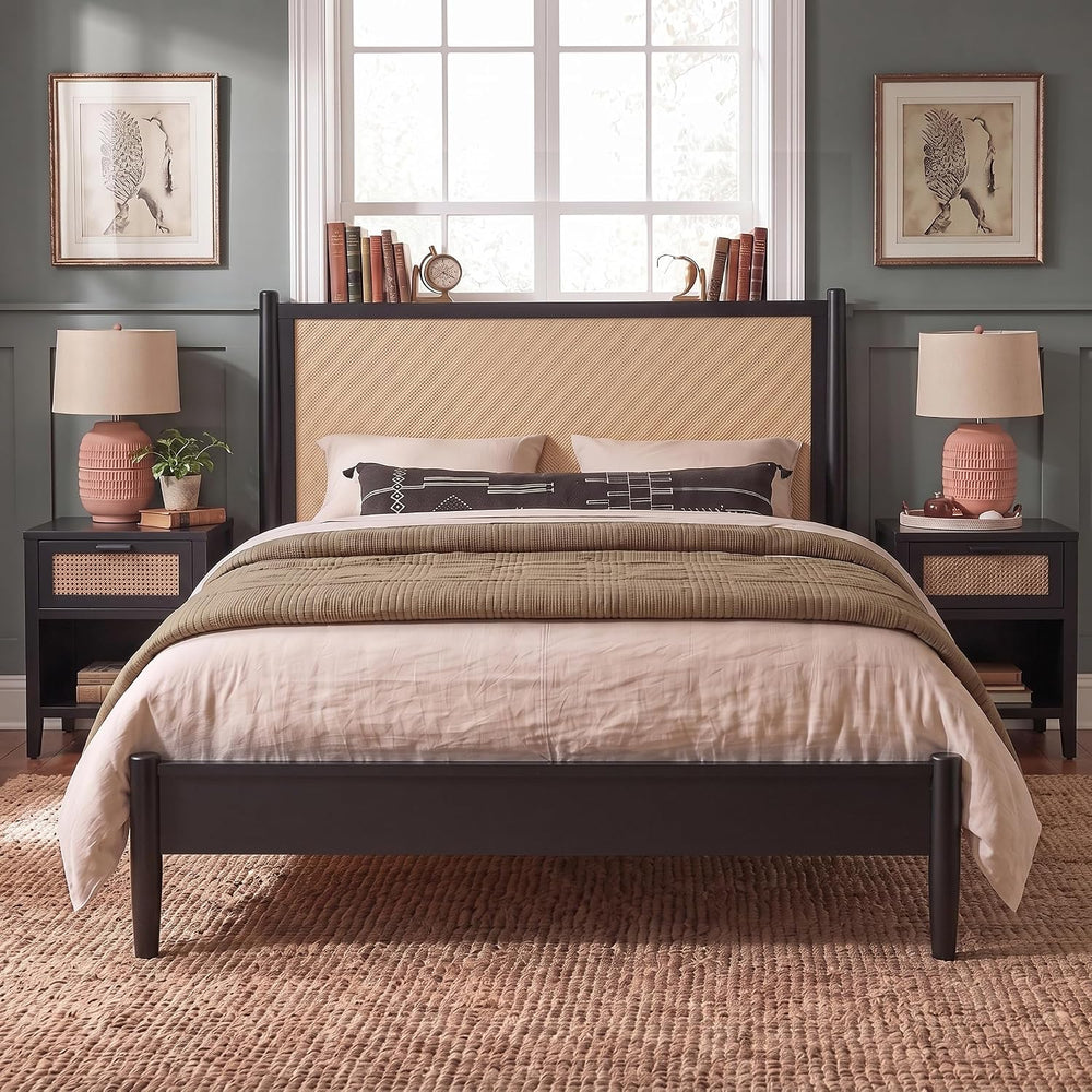 Merax Black Queen Size Platform Bed Frame with Rattan Headboard