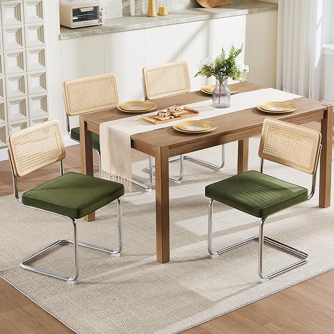 Zesthouse Natural Rattan Dining Chairs Set of 6, Olive Green Modern Kitchen Chairs with Solid Wood Back & Chrome Base, Mid Century Breuer Design Inspired, Upholstered Luxurious Velvet Fabric