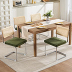 Zesthouse Natural Rattan Dining Chairs Set of 6, Olive Green Modern Kitchen Chairs with Solid Wood Back & Chrome Base, Mid Century Breuer Design Inspired, Upholstered Luxurious Velvet Fabric