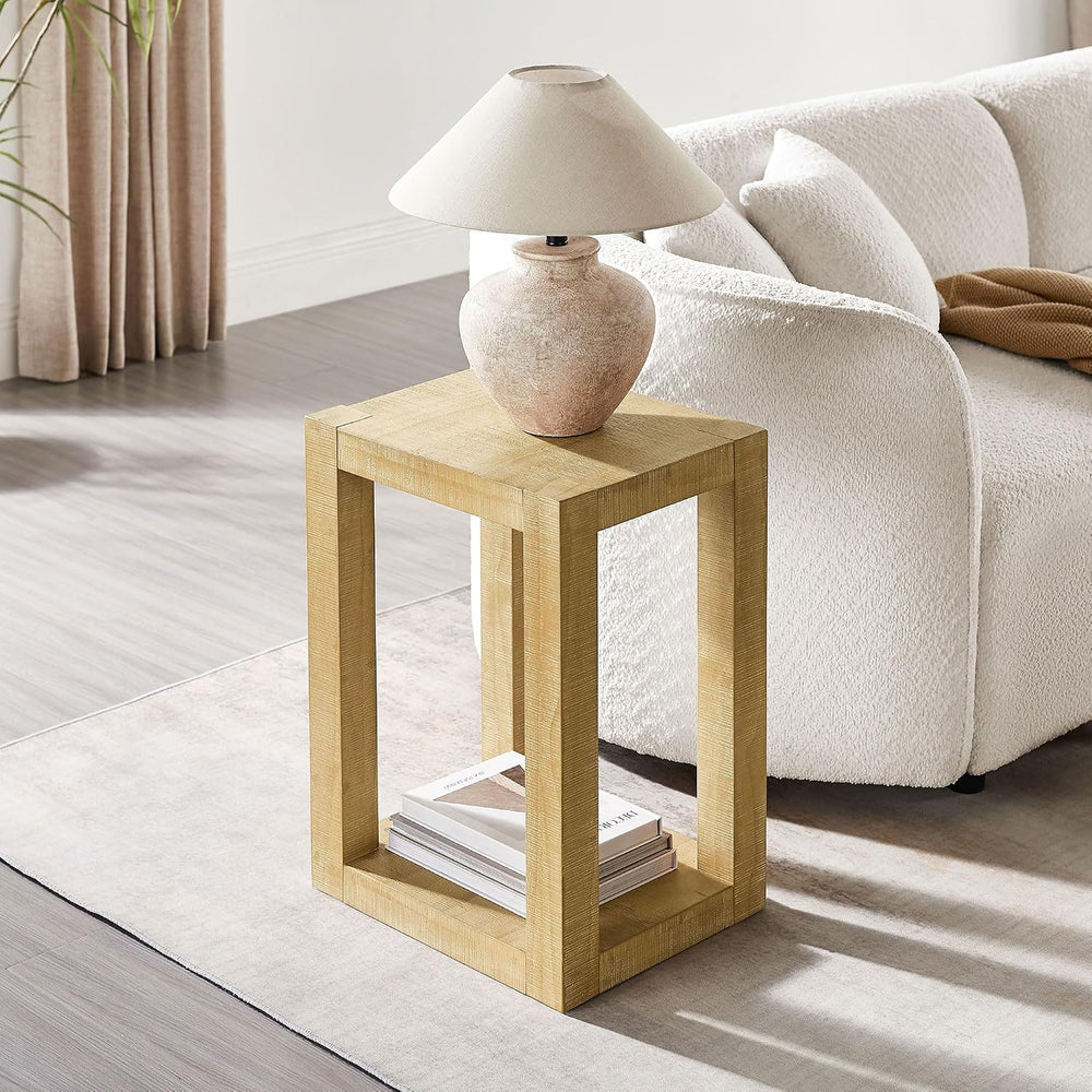 Rectangular Side Table with Shelf, Natural Wood End Table for Living Room wit...