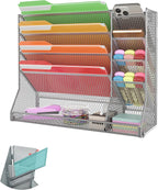 File Organizer Wall Mounted 4 Tiers Durable Adjustable Metal Vertical Hanging With 4 Pen Slots Stable R-shaped Bottom 4 Pull-out Devider to Sort File, Mail, Newspaper,Pen, Suitable for Office, Silver